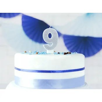 Dortová svíčka Narozeninová svíčka Číslice 9, stříbrná, 7 cm Party Deco