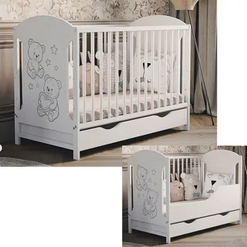 Dětská postýlka Hugo 60x120 cm s bočnicí a zásuvkou – bílá, dřevěná, s motivem medvídků Druh matrace: pěnová matrace 60x120x6cm +599kč