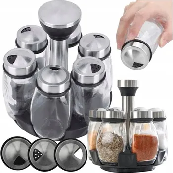 Otočný organizér na koření, kořenka, skleněné nádoby, 6 kusů