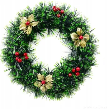 Vánoční dekorace VÁNOČNÍ VĚNEC | zelený se zlatými květy & červenými bobulemi | dekorace na