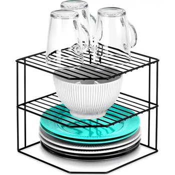 police Kuchyňská rohová kovová police černá, tříúrovňová