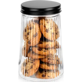 Dóza na potraviny Skleněná žebrovaná dóza na sypké potraviny 1 l s černým víčkem