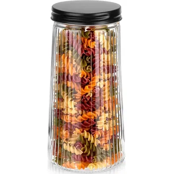 Dóza na potraviny Skleněná žebrovaná dóza na sypké potraviny 1,4 l s černým víčkem