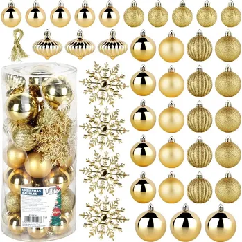 Vánoční dekorace Vilde vánoční ozdoby zlaté, nerozbitné, 40 ks (4/5/6 cm + sněhové vločky 10 cm)