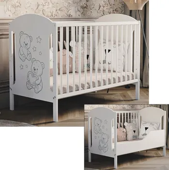 Dětská postýlka Dětská postýlka Hugo 60x120 cm s bočnicí – bílá, dřevěná, s motivem medvídků Druh matrace: bez matrace