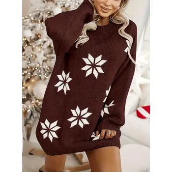 Dámský svetr Dámský dlouhý svetr s vločkami Barva: Hnědá, Velikostní tabulka: M