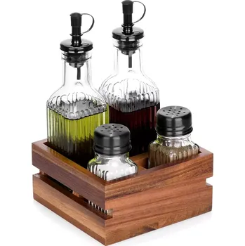 Nádoba na olej a ocet Sada na olej a ocet se solničkou a pepřenkou ve stojanu, 5dílná