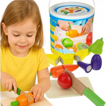 Dřevěná hračka Sada na krájení MEMFLOW dřevěné ovoce a zelenina přenosná 34 dílů