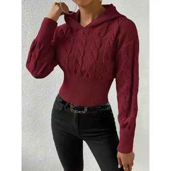 Dámský svetr Dámský krátký svetr s kapucí Barva: Vínová, Velikostní tabulka: S