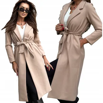 Dámský kabát Dámský kabát Och Bella béžový klasický dlouhý na zavazování bez kapuce M