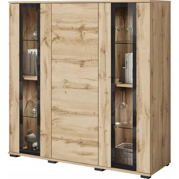 Komoda Moderní vysoká vitrína do obývacího pokoje 120 cm s matným prosklením wotan a LED osvětlením