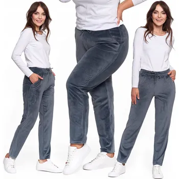 Dámské velurové kalhoty s vysokým pasem MORAJ, rovné nohavice, GRAFIT, velikost 3XL