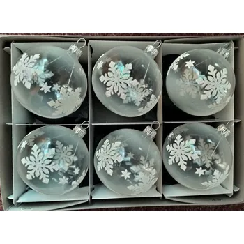 Vánoční ozdoba Vánoční skleněné koule 7cm, průhledné, bílý mat, dekor bílé vločky, 6ks