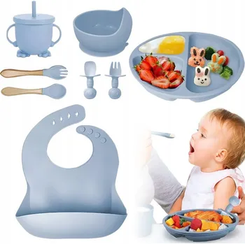 dětská jídelní sada PRVNÍ SILIKONOVÉ NÁDOBÍ PRO DĚTI SADA 9 KUSŮ KRAB MODRÝ