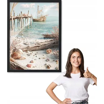 Obraz Obraz s rámem vzor MUŠLE A VLNY černý rámeček 30x40 do kuchyně jídelny