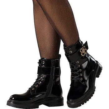 Dámská zimní obuv KOTNÍKOVÉ BOTY Černé Dámské Pohodlné Lakované Na Platformě Šněrovací vel. 40