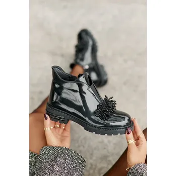 Dámské kozačky S.Barski Kožené Lakované Botky S Dekorací Zateplené D&A LZ42-036 Barva: Černá, Velikost: 38