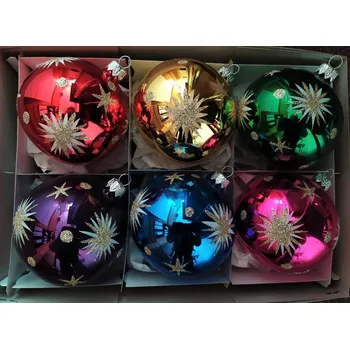 Vánoční ozdoba Vánoční skleněné koule 7cm, lesk, malovaný zlatý dekor, mix barev, 6ks