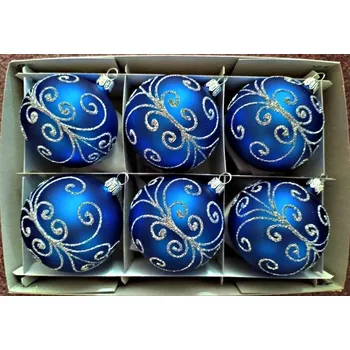 Vánoční ozdoba Vánoční skleněné koule 7cm, tmavě modré, mat, stříbrný plastický dekor, 6ks