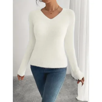 Dámský svetr Dámský jednobarevný svetr s výstřihem Barva: Bílá, Velikostní tabulka: M