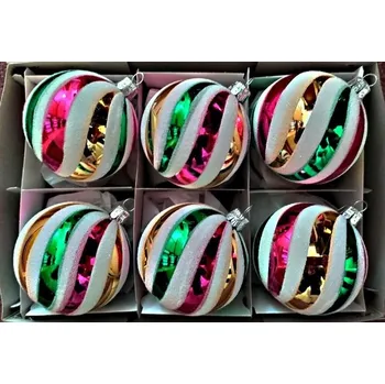 Vánoční ozdoba Vánoční skleněné koule RETRO 7cm, stříbřené, lesk, zlatá varianta, bílý dekor, 6ks