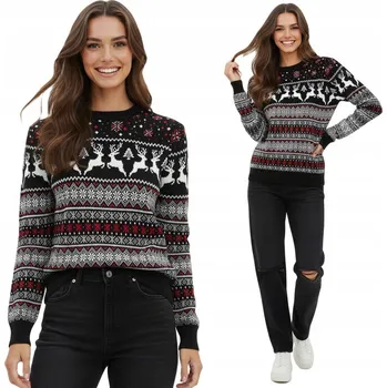 Dámský svetr Černý dámský vánoční svetr s norským vzorem sobů a hvězdiček, vlna, velikost L