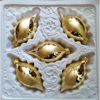 Vánoční ozdoba Vánoční skleněné ozdoby - Olivy zlaté 8x4cm, lesk, zlatý dekor hvězd, 5ks