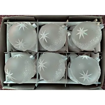 Vánoční ozdoba Vánoční skleněné koule 7cm, průhledné, bílý mat, bílý dekor hvězd, 6ks