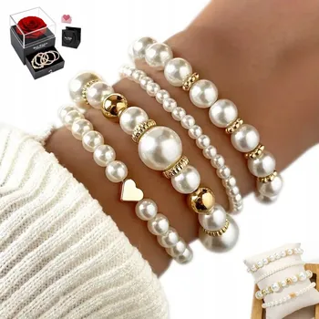 Náramek Bransoletka Damska Perłowa 4 Sztuki ZESTAW Dámský perlový náramek, sada 4 kusů. Perlový set, perličky, svatební.