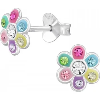 Náušnice Dětské stříbrné náušnice Květinka s barevnými krystaly Ag 925/1000
