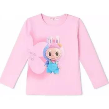 Dívčí tričko dlouhý rukáv Kugo PT2520 světle růžové (Bavlněné tričko pro dívky s Labubu)