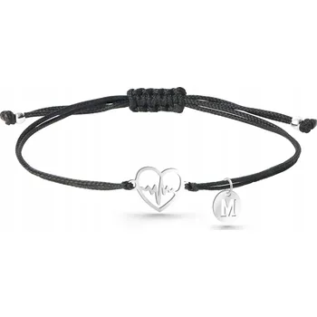 Náramek Náramek srdce na šňůrce, linie života EKG s písmenem, stříbro 925