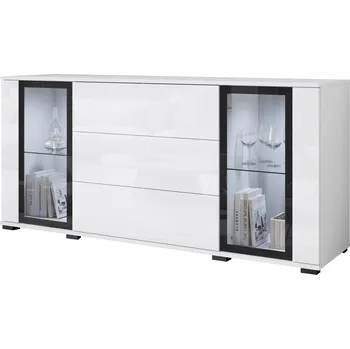 Komoda Komoda 150 cm s prosklenými dvířky a zásuvkami, bílá matná/lesklá, s LED osvětlením