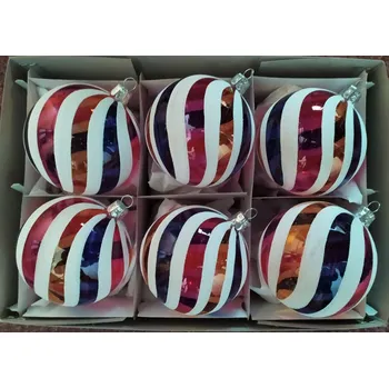 Vánoční ozdoba Vánoční skleněné koule RETRO 7cm, průhledné, lesk, bílý dekor, 6ks