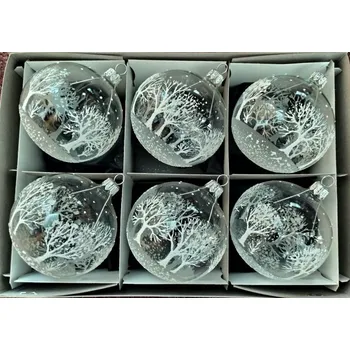 Vánoční dekorace Vánoční skleněné koule 8cm, čiré,, bílý dekor stromů, 6ks