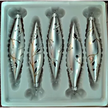 Vánoční ozdoba Vánoční skleněné ozdoby - Rakety bílé 14x3cm, mat, malovaný větvičkový dekor, 5ks