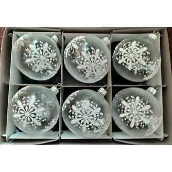 Vánoční ozdoba Vánoční skleněné koule 8cm, průhledné, bílý mat, dekor bílé vločky, 6ks