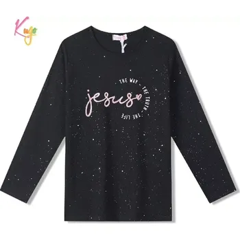 Dívčí tričko dlouhý rukáv Kugo ST3623 černé (Moderní tričko pro dívky se třpytkami)