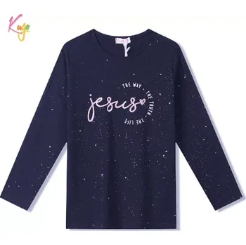 Dívčí tričko Dívčí tričko dlouhý rukáv Kugo ST3623 tmavě modré (Moderní tričko pro dívky se třpytkami)