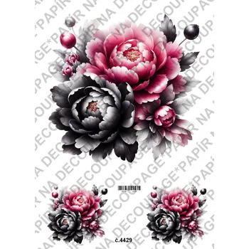 Umělecký papír Rýžový a soft papír na decoupage - Pivoňka černá růžová - KB4429 Materiál: Soft, Rozměr: A4