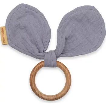 Dřevěné kousátko s mušelínovými oušky New Baby, šedé