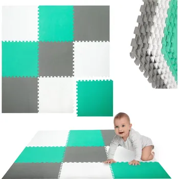 Pěnová podlahová puzzle podložka HUMBI 180 × 180 cm, voděodolná a bezpečná, 9 dílů, mátová/šedá/bílá