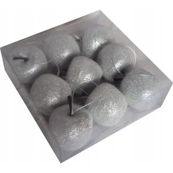 Vánoční dekorace Vánoční Baňky jablka STŘÍBRNÉ s brokátovým zdobením 4cm. Balení 9ks