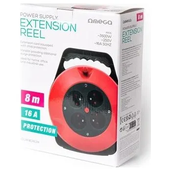Napájecí kabel OMEGA 4-ZÁSUVKOVÝ PRODLUŽOVACÍ KABEL ZATAHOVACÍ BUBEN 8M 16A FRANCOUZSKÁ ZÁSTRČKA