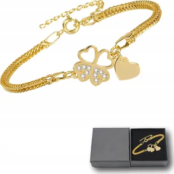 Náramek Dámský zlatý náramek s řetízky, Čtyřlístek a srdcem Křišťály