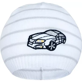 Čepice jarní pletená čepička New Baby s autíčkem bílá/světle šedá