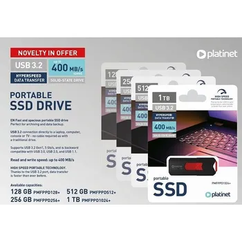 USB flash disk PLATINET přenosný SSD disk USB 3.2 R/W UP TO 400MB/s 256GB černá
