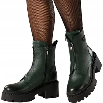 Dámská zimní obuv KOTNÍKOVÉ BOTY Zelené KOŽENÉ Dámské POHODLNÉ S platformou a vzorkovanou podrážkou, s ozdobou vel. 38