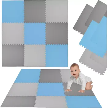 Pěnová podložka HUMBI 180 × 180 cm – velké voděodolné puzzle, bezpečné pro miminka a děti, 9 dílů, modrá/šedá/tmavě šedá