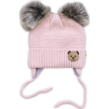 Kojenecká čepice Dětská zimní čepice s fleecem Teddy Bear - chlupáčk. bambulky - pudrově růžová